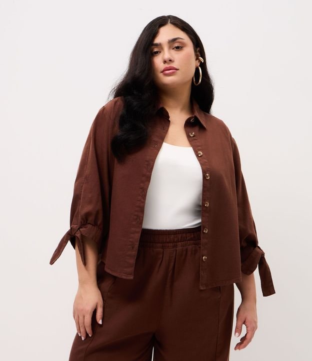 Camisa en Sarga con Lazo en el Puño y Manga 7/8 Curve & Plus Size