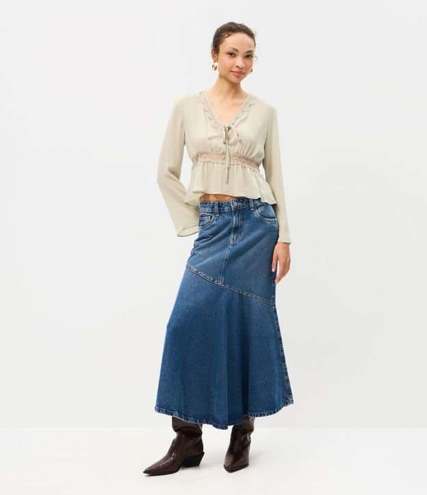 Pollera Midi en Jeans con Cintura Mediana y Tachuelas