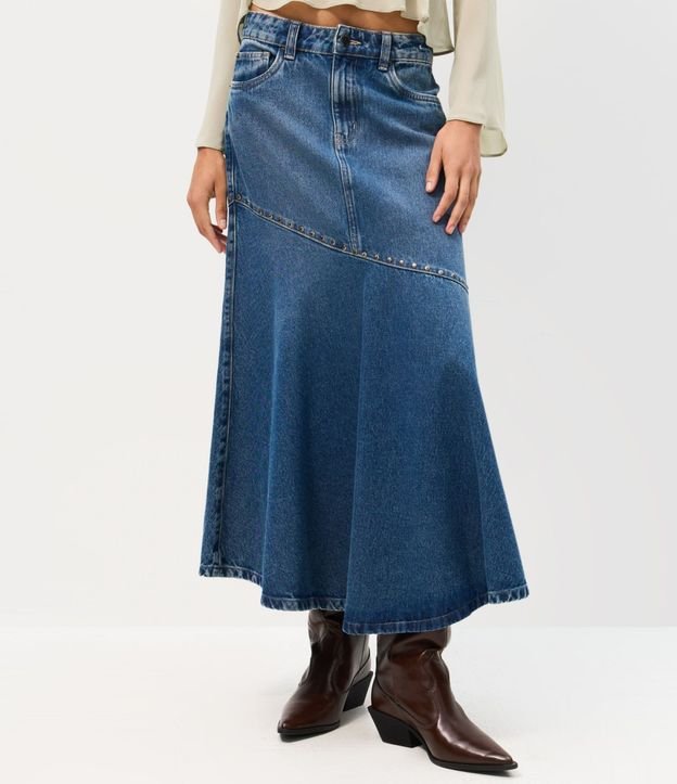Pollera Midi en Jeans con Cintura Mediana y Tachuelas 2