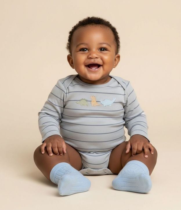 Body Bebé Rayas con Estampa de Dinosaurios – Talle 0 a 18 Meses