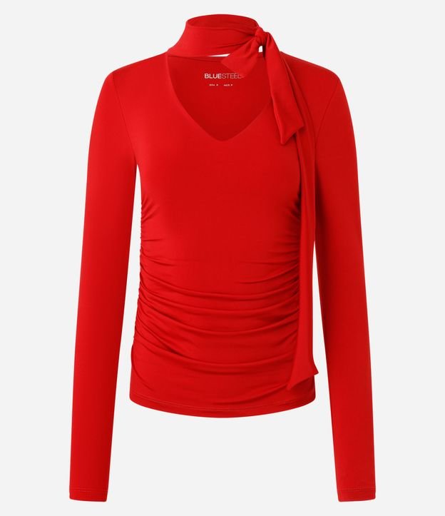 Blusa Fruncida en Microfibra con Escote V y Cuello Lazo 5