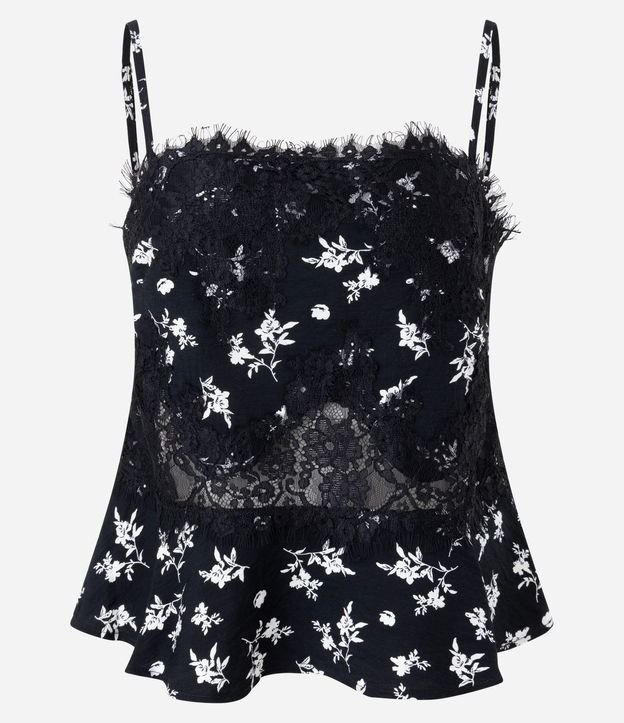 Blusa Peplum Bretel Fino con Encaje Aplicado y Estampado Floral 5