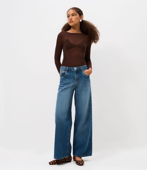 Pantalón Wide en Jeans con Cintura Mediana y Bordado Estrella