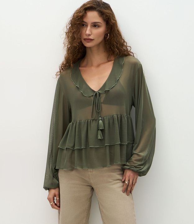 Blusa Bata en Tule con Volados y Lazo Delantero