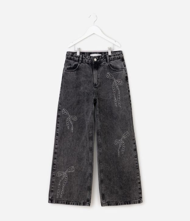 Pantalón Wide Jeans Infantil con Aplicación de Moñitas - Talle 5 A 16 años 2