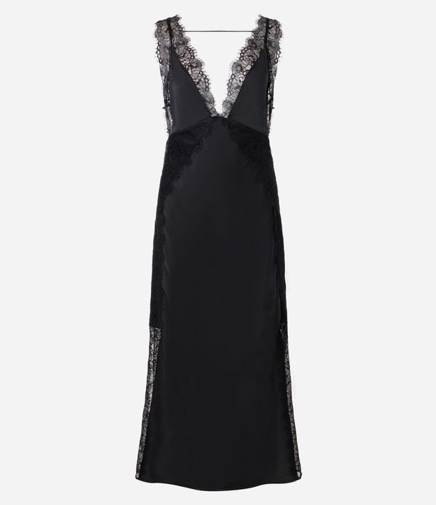 Vestido Midi en Satén con Escote V y Detalle en Encaje 5