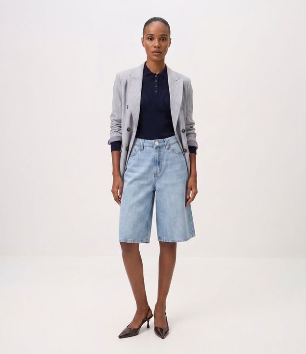 Bermuda Long en Jeans con Cintura Alta y Bolsillos