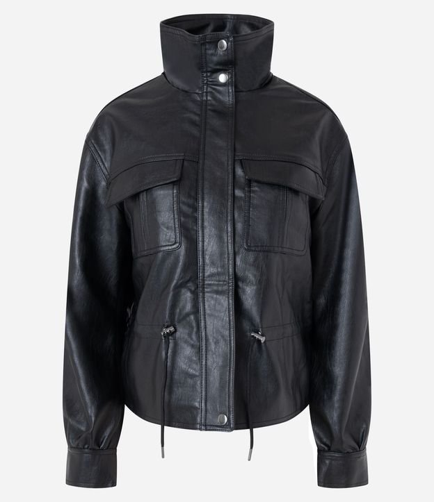Campera en PU con Cuello Alto y Bolsillos Delanteros