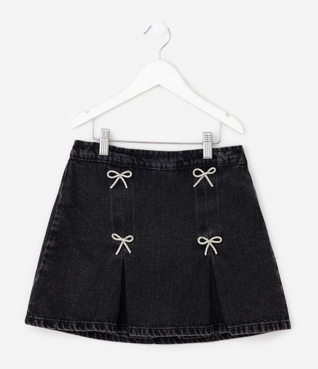 Pollera Jeans Infantil en Algodón Moñitas de Strass - Talle 5 a 16 años 2