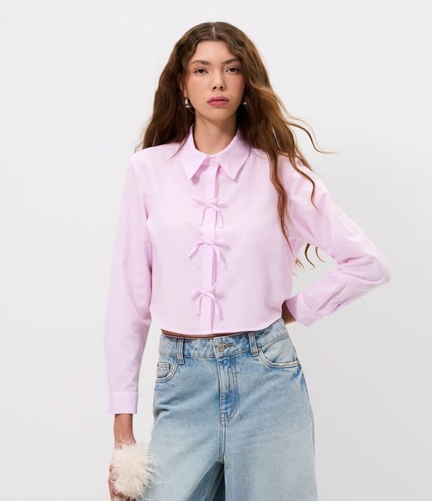 Camisa Cropped en Tricolina Listrado con Lazo en Moñitas