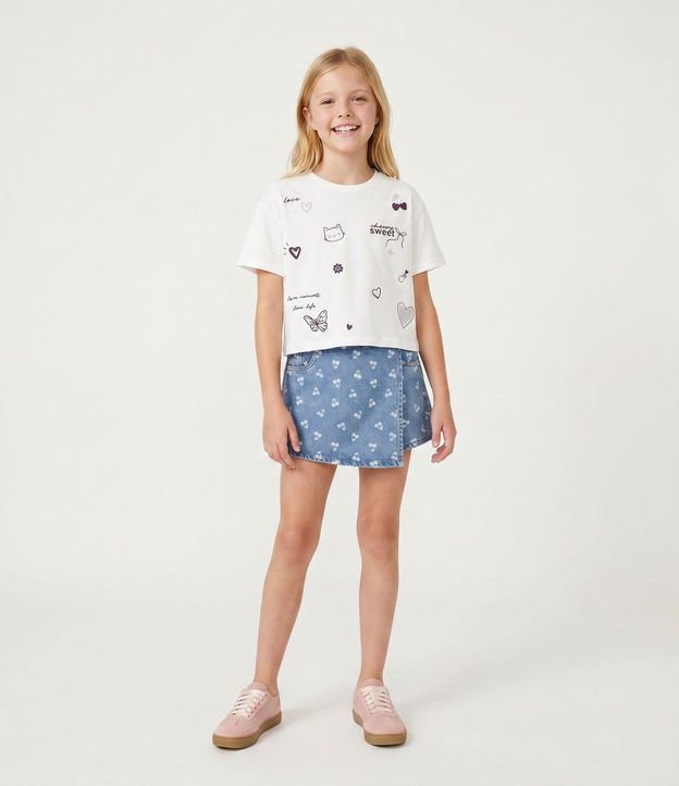 Short Pollera Jeans con Estampa de Cerezas Infantil - Talle 5 a 16 años