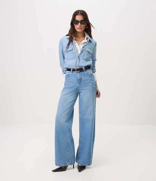 Pantalón Wide Leg en Jeans con Cintura Alta y Bolsillos