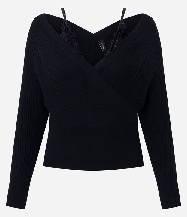 Blusa Hombro a Hombro en Punto Canelado con Breteles en Encaje 1