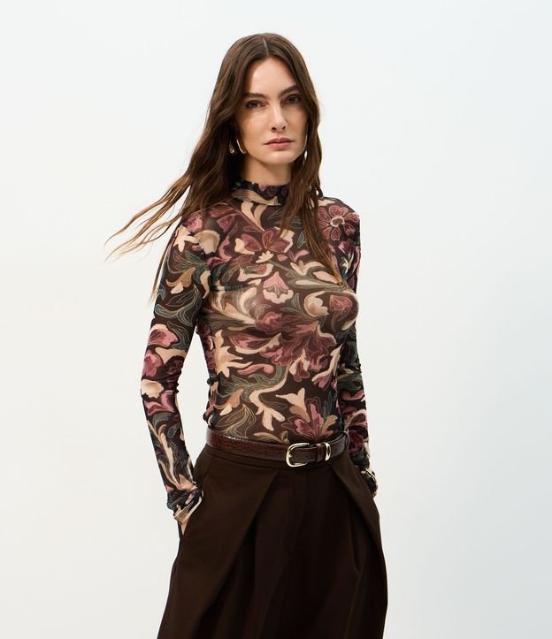 Blusa en Tule con Estampado Floral y Cuello Alto 1