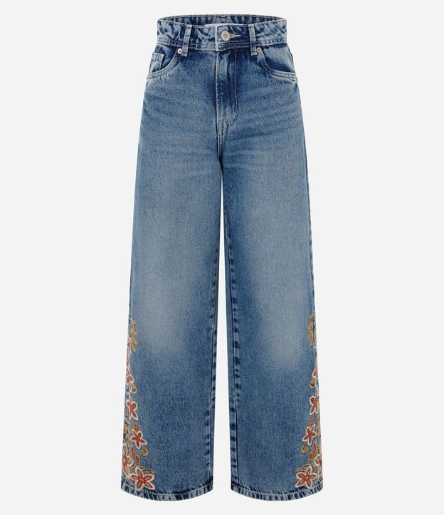 Pantalón Wide Leg Jeans con Cintura Mediana y Bordado Floral 5