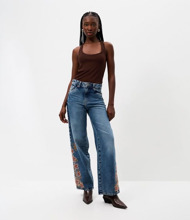 Pantalón Wide Leg Jeans con Cintura Mediana y Bordado Floral