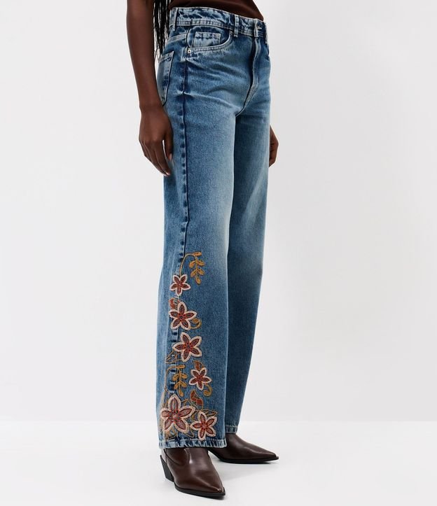 Pantalón Wide Leg Jeans con Cintura Mediana y Bordado Floral 2