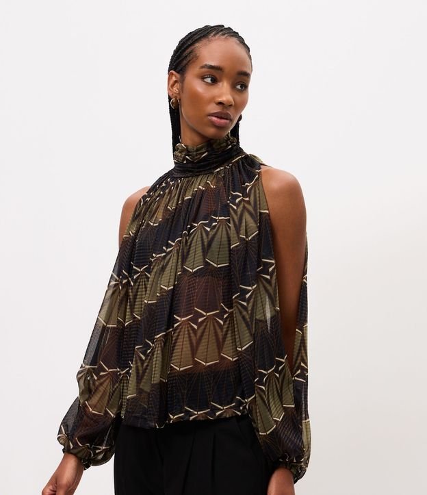 Blusa en Tule con Estampa Abstracta y Manga con Abertura 1