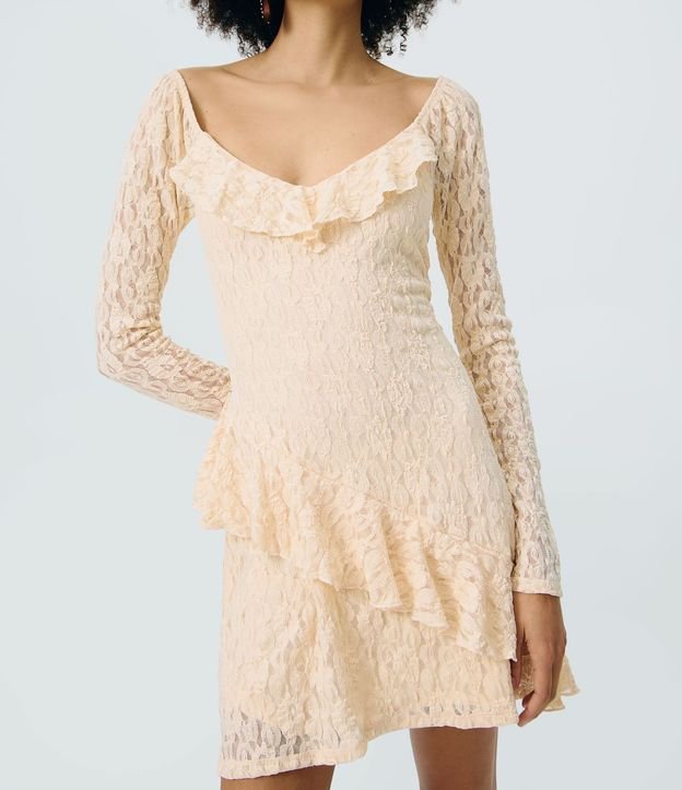 Vestido Corto en Encaje con Manga Larga y Volado 3