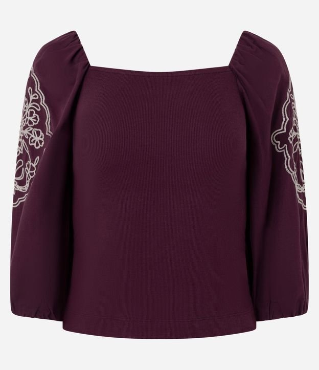 Blusa Manga Larga Abullonada con Bordado de Follaje