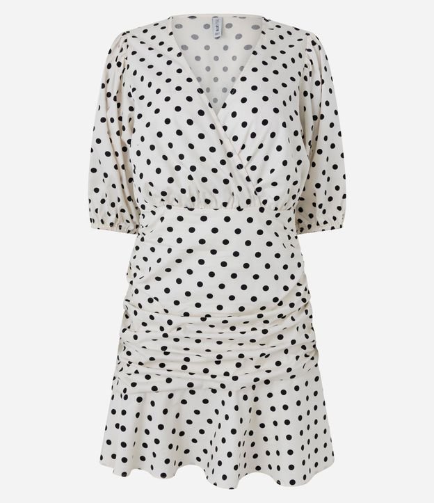 Vestido Corto Traspasado con Manga Abullonada y Estampa de lunares