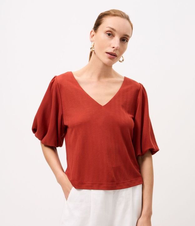 Blusa en Piquet con Escote V y Manga Balonê