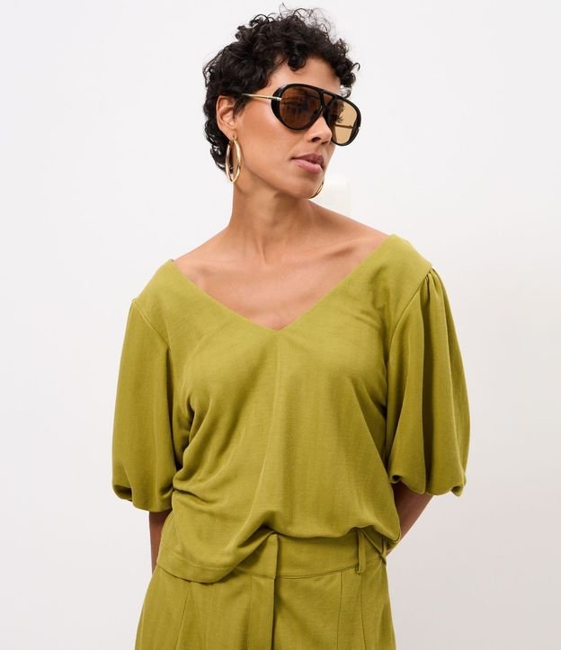 Blusa en Piquet con Escote V y Manga Balonê 1