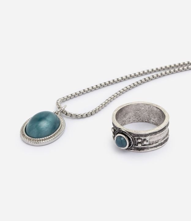 Kit Collar y Anillo Metalizado con Pedra Azul Turquesa