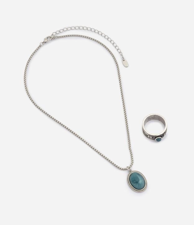Kit Collar y Anillo Metalizado con Pedra Azul Turquesa 2