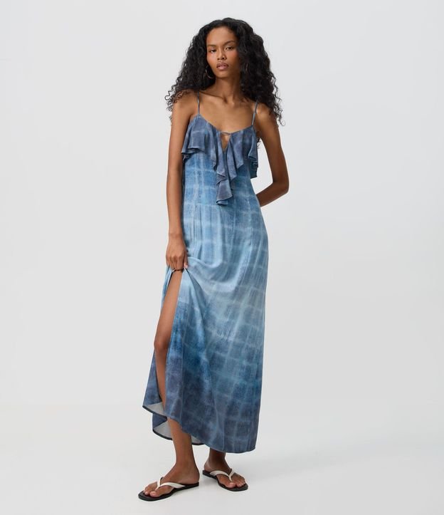 Vestido Largo de Cuadros Degradé con Volados Delanteros y Espalda Descubierta