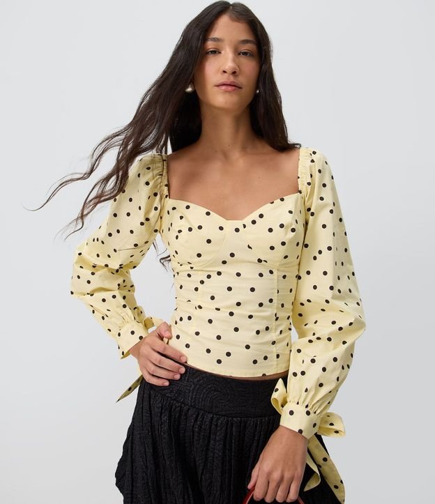 Blusa Manga Larga en Tricolina con Estampa de Lunares y Moñitas en los Puños