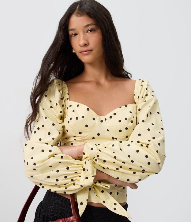 Blusa Manga Larga en Tricolina con Estampa de Lunares y Moñitas en los Puños 3