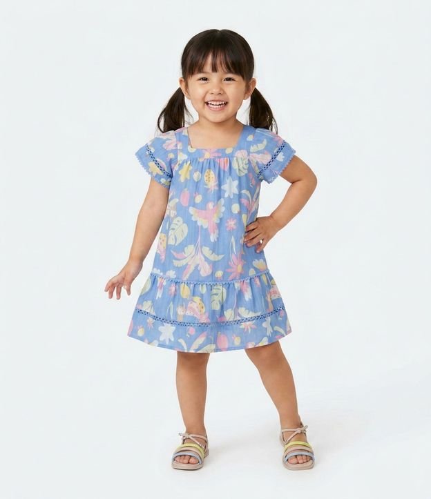 Vestido Infantil Evasê en Tricolina con Estampado Tropical - Talle 1 a 6 años