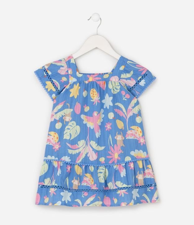 Vestido Infantil Evasê en Tricolina con Estampado Tropical - Talle 1 a 6 años 2