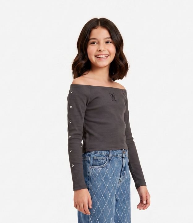 Blusa Infantil con Bordado Kuromi y Ojale en las Mangas - Talle 1 a 16 años
