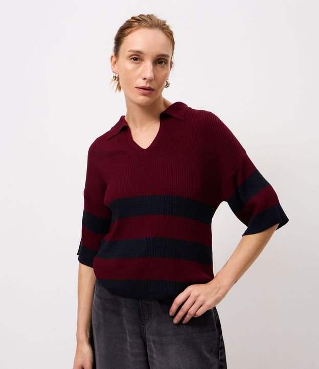 Blusa en Punto con Cuello Polo y Estampa Rayada 2