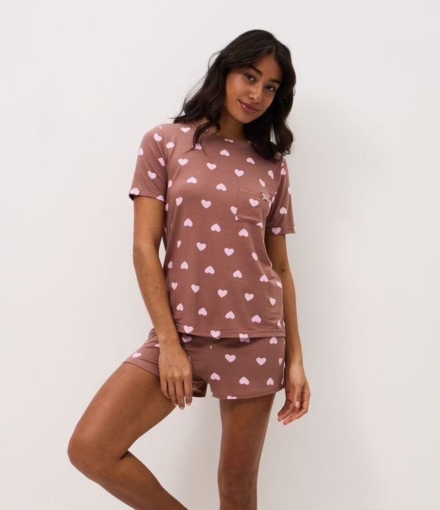 Pijama Corta con Estampa de Corazones y Pequeño Bolsillo 1