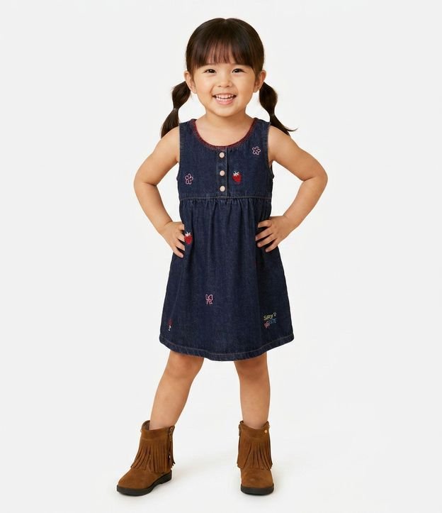 Vestido Jeans Infantil con Bordado y Botones - Talle 1 a 6 años