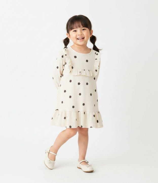 Vestido Infantil en Malla Texturizada con Estampa Floral y Volados - Talle 1 a 6 años