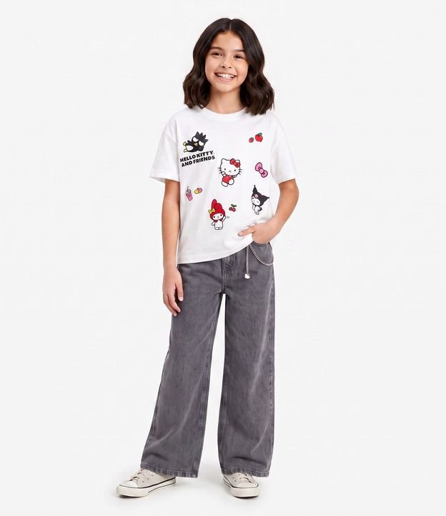Pantalón Wide Leg Infantil Jeans Desteñida con Cadena Hello Kitty - Talle 5 a 14 años 1