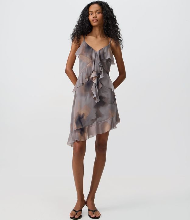 Vestido Asimétrico en Chiffon Estampa con Volados y Capas 2