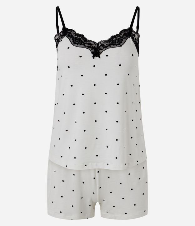 Pijama Regular en Viscolycra de Lunares con Encaje