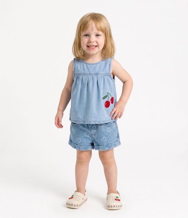 Blusa Bata Infantil en Jeans con Bordado de Cereza - Talle 1 a 6 años