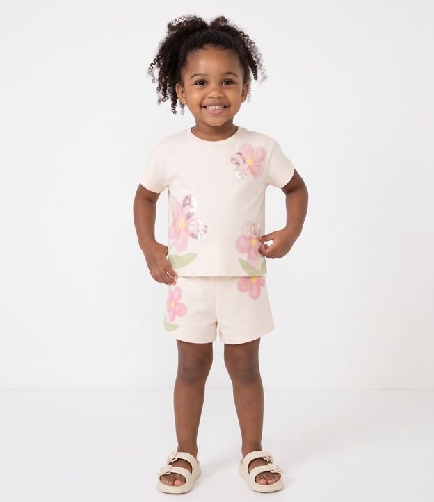 Conjunto Infantil en Algodón Flores Acuareladas con Lentejuela en la Blusa - Talle 1 a 6 años