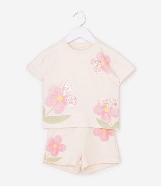 Conjunto Infantil en Algodón Flores Acuareladas con Lentejuela en la Blusa - Talle 1 a 6 años