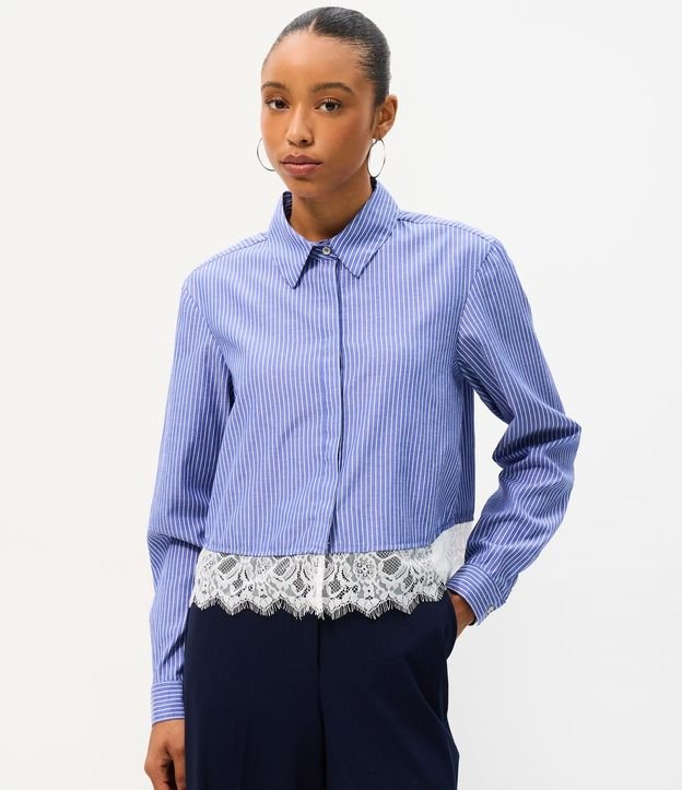 Camisa Cropped en Tricolina Raya de tiza con encaje