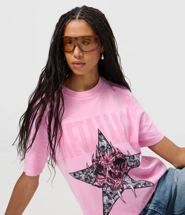 Remera en Algodón Desteñido con Estampa de Metallica
