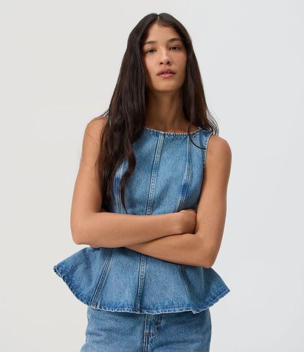Blusa Jeans Peplum sin Mangas con Recortes