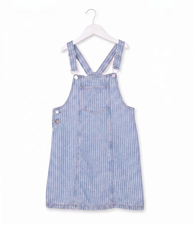 Jardinera Infantil en Algodón Jeans Rayada con Bolsillo Delantero - Talle 5 a 16 años