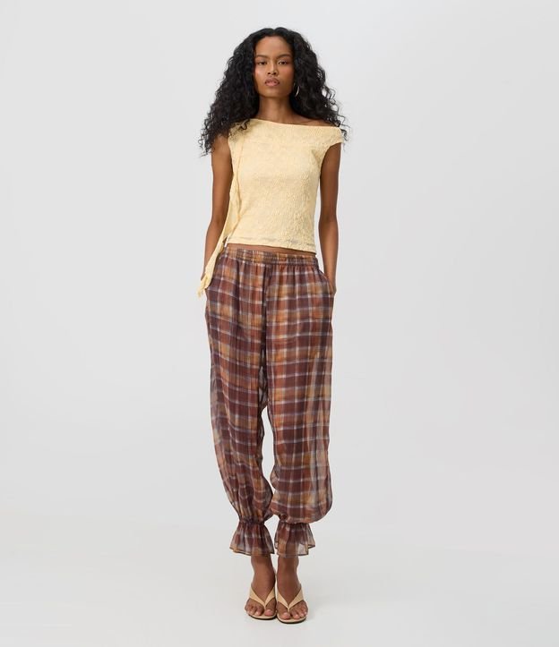 Pantalón Aladim en Chiffon de Cuadros con Fruncido en el Tobillo